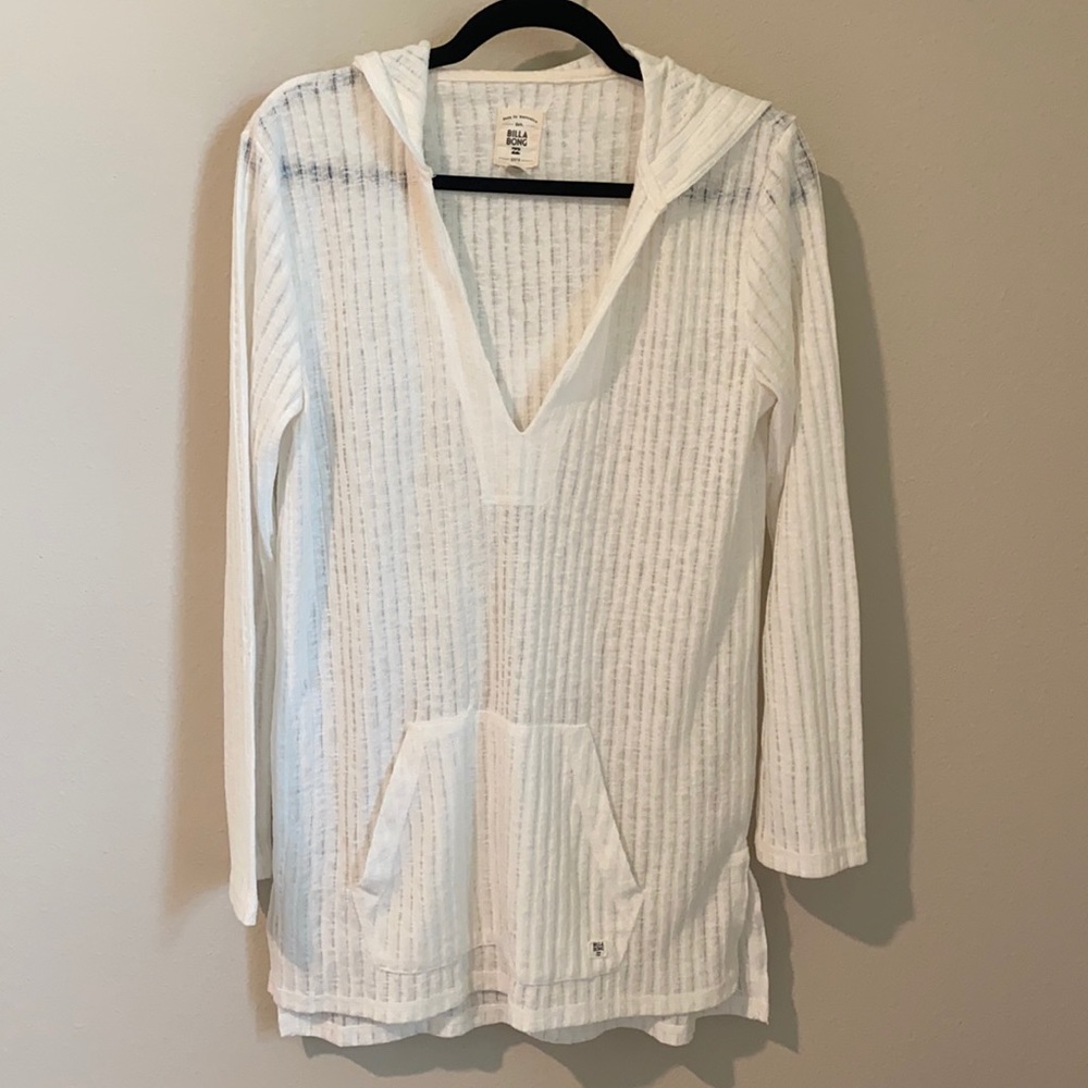 BILLABONG BEACH SWIM COVER-UP WHITE HOODED SHEER RIBBED SIZE M